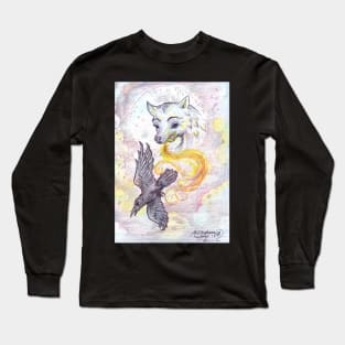 Raven Crow Bird Animals Flying Wings Winged Wolf Canine Dog Hound Howling Moon Full Long Sleeve T-Shirt